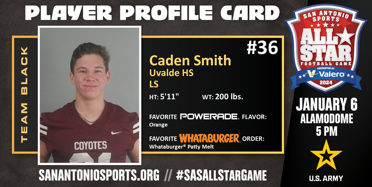 SA_Sports's tweet photo. Meet @caden_t_smith from @UvaldeFootball who will compete in the San Antonio Sports All-Star Football Game pres. by @ValeroEnergy at the Alamodome on Jan. 6 @usarmysatx #SASAllStarGame @USArmy #BeAllYouCanBe @POWERADE @Whataburger

@Uvalde_CISD
@uvaldehs https://t.co/a72IUxQEPi
