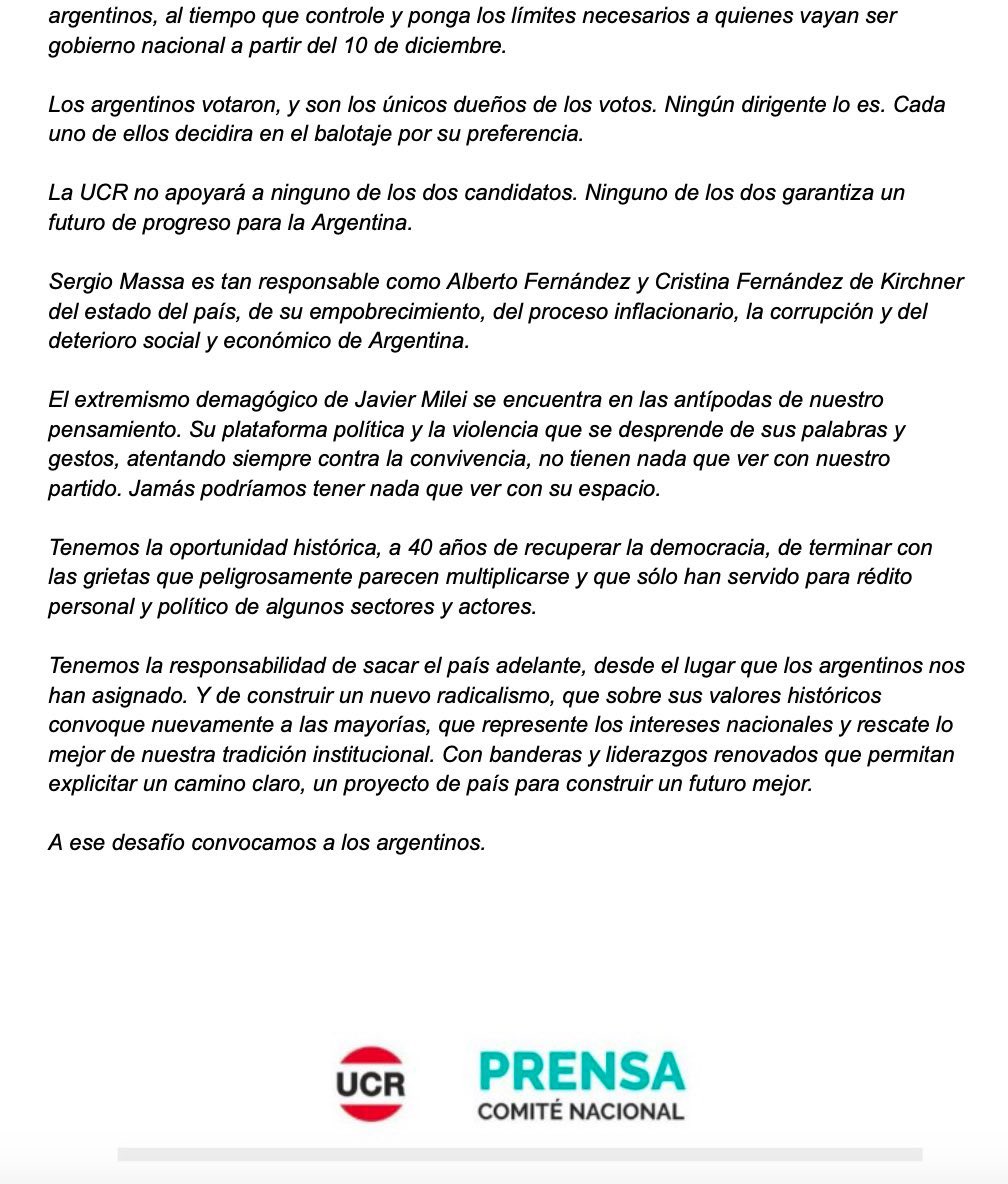 Como radicales debemos respetar nuestros principios. Nuestra historia demanda un radicalismo fuerte y protagonista. El rol que la sociedad argentina nos ha dado democráticamente es ser oposición y vamos a honrar ese mandato