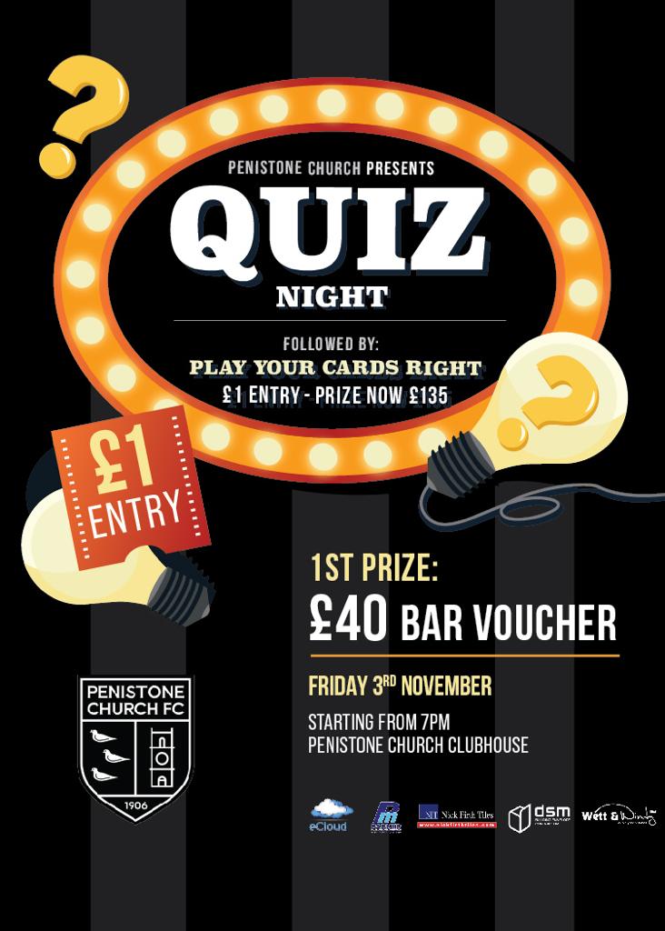 pcfc1906's tweet photo. ■ Quiz Night ■

Our next quiz night will be on Friday, 3rd November. Due to Friday night functions throughout November, this one will be the last for a while.

Play Your Cards Right has rolled over to £135+, so make sure you're there!! https://t.co/cjCVGcfHNA