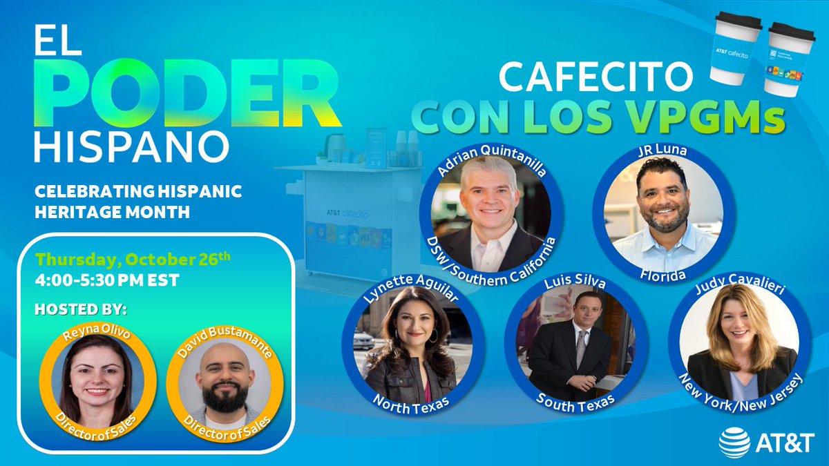 One_FLA's tweet photo. We are excited to close out HHM with Cafecito Con Los VPGM tomorrow 10.26 at 4:00pm EST! Tune in to hear our leaders celebrate Hispanic Heritage along with our very own @jrluna11 co hosted by @reynaolivo1 #OneFLA #StandOneFLA #ElPoderHispano #LifeAtATT #HHM https://t.co/eSJT30nneV