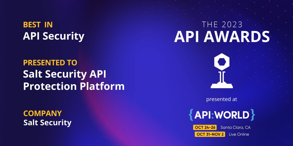 We would like to take a moment to celebrate Salt Security’s recent award for “Best API Security” at API World 2023 🎉🥳 lnkd.in/gsGxYDVY 💜 #APIWorld #APIWorld2023 #SaltSecurity #CyberSecurity #apis #apisecurity