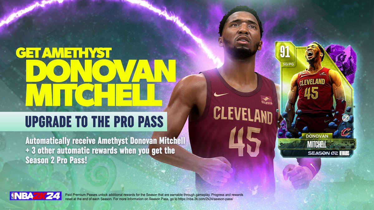 NBA2KMyTEAM's tweet photo. Want to add Amethyst Donovan Mitchell to your squad? 👀   

Receive this card plus three additional rewards automatically when you upgrade to the Season 2 Pro Pass in MyTEAM 📈 https://t.co/dOAFEdn2vp