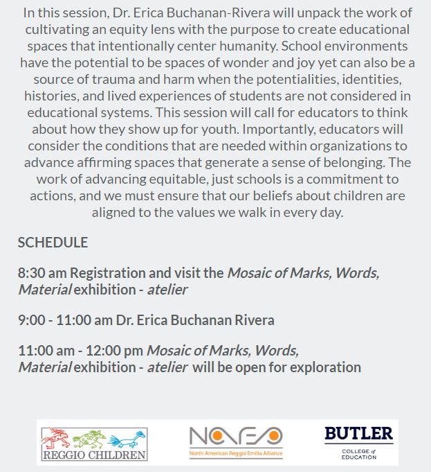 Join us! Register: bit.ly/3FylUEW 

Centering Humanity &amp; Justice in Our Work w/Youth
w/Dr. <a href="/ericabrivera/">Dr. Erica Buchanan-Rivera</a> - COE adjunct faculty, educational equity scholar, community organizer &amp; author 

11/4/23 | 9-11am | South Campus, Rm 106
More info: bit.ly/Butler_Reggio_…