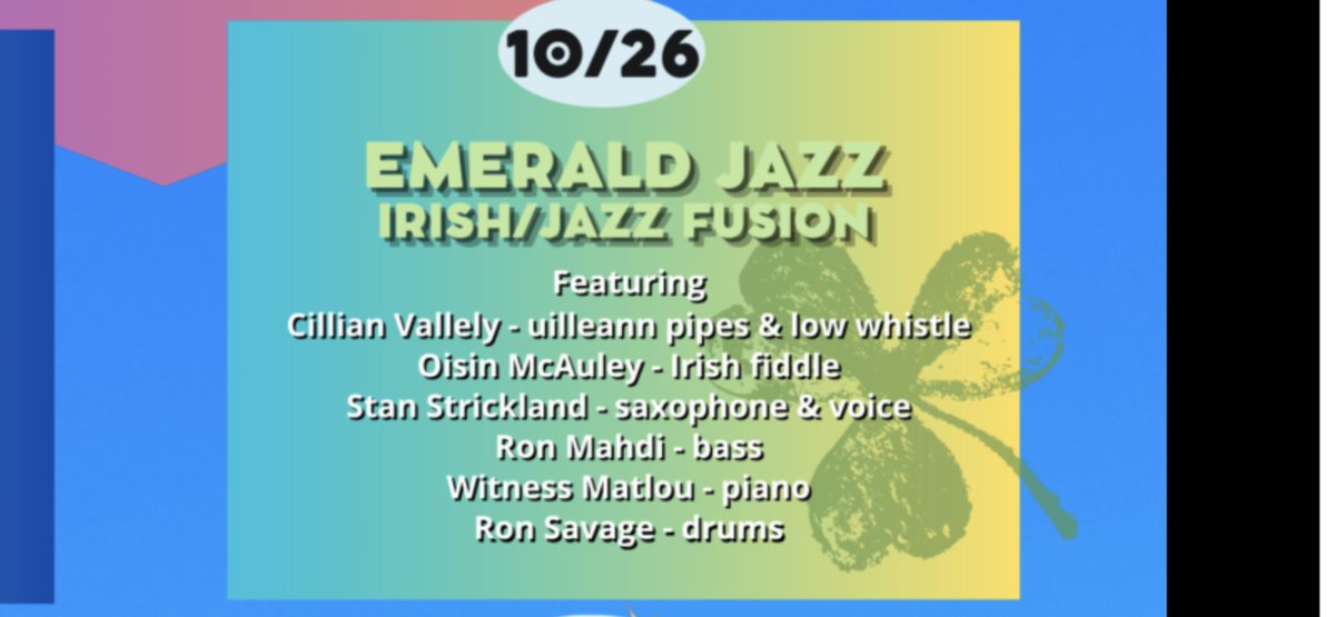 Cool idea to fuse live #jazz + #irishtrad music, two storied musical genres!  Check out #EmeraldJazz at the #Regattabar <a href="/CharlesHotel/">The Charles Hotel</a> #harvardsquare on October 26 at 7:30 pm. @massjazz @jazzboston <a href="/TheBostonIrish/">Irish Boston</a> <a href="/MeetBostonUSA/">Meet Boston</a> <a href="/CambridgeUSA/">Cambridge Office for Tourism</a> regattabarjazz.com/event/emerald-…