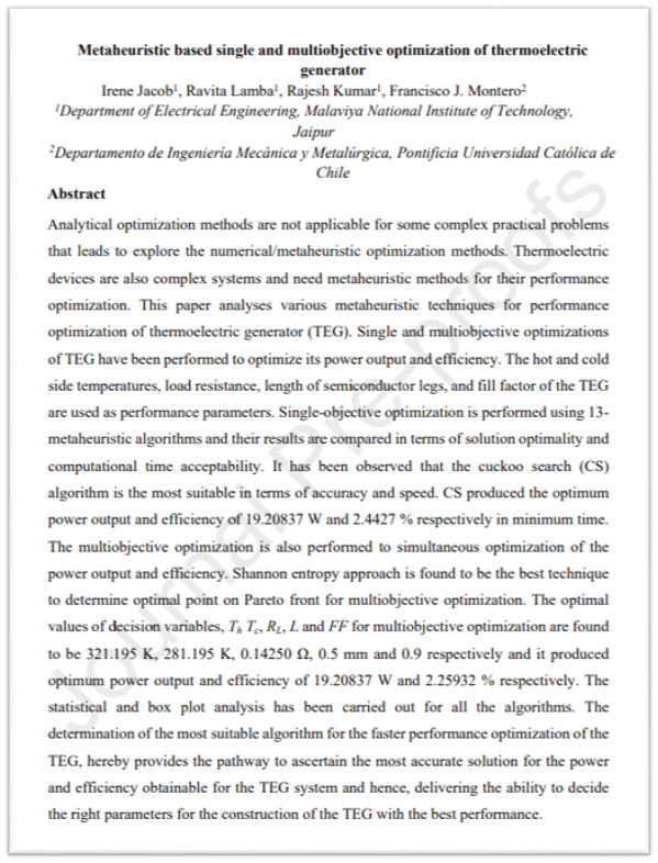 RamanlabM's tweet photo. Congratulations to all authors: Irene Jacob, Ravita Lamba, Rajesh Kumar, and Francisco J. Montero, on their most recent publication in Applied Thermal Engineering. The paper is titled "Metaheuristic-Based Single and Multiobjective Optimization of Thermoelectric Generators." https://t.co/vgjkUgGC7c