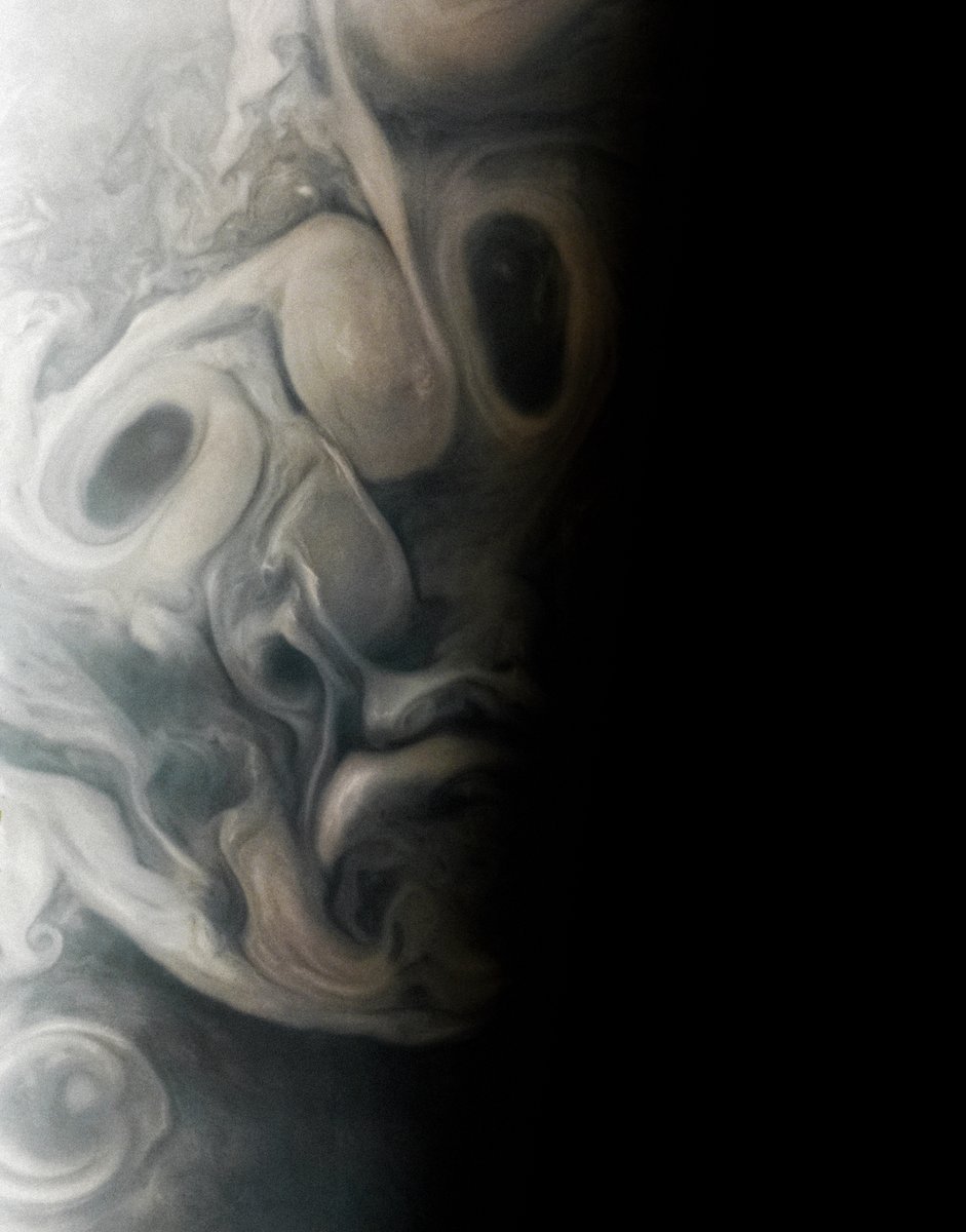 Boo! Just in time for Halloween, our #JunoMission captured this view of Jupiter's swirling clouds during its 54th close flyby of the planet. Spend some face time with the giant planet: missionjuno.swri.edu/news/in-time-f… 📸 Image processed by Vladimir Tarasov
