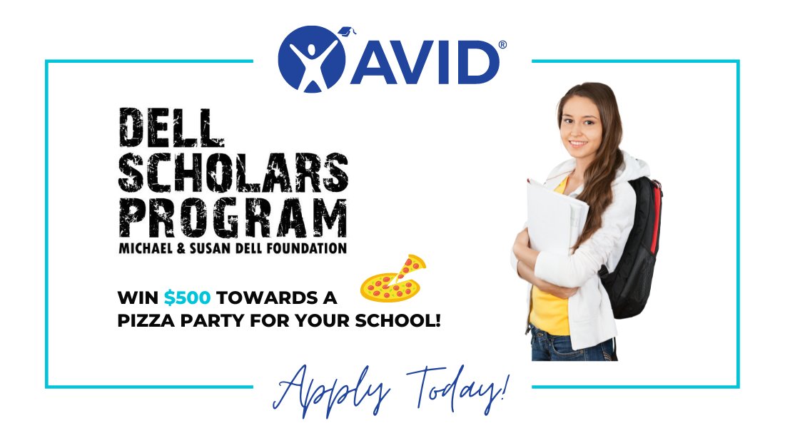 The @DellFdn is once again hosting a competition to encourage more #DellScholar applicants. The foundation will provide $500 per school towards a pizza party for AVID Elective classes at up to 10 schools! Review the requirements and submit the form: bit.ly/3S67S4O