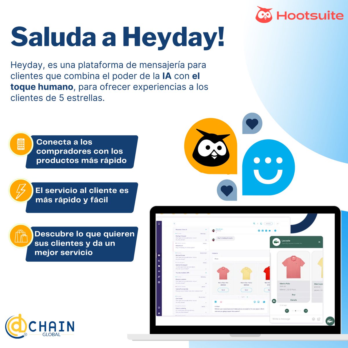 Es hora de mejorar los resultados de su empresa con Heyday Chatbot!🤗Aprovecha nuestras herramientas avanzadas para simplificar las comunicaciones con tus clientes y aumentar la eficiencia de tu negocio¡Descubre cómo Heyday Chatbot puede ayudarte en los resultados de tu empresa!