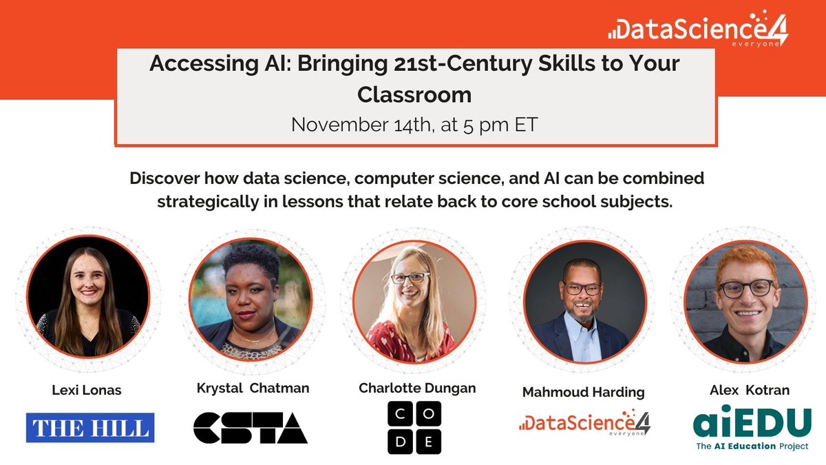 BIG NEWS! 

Our #AI panel moderated by <a href="/thehill/">The Hill</a>'s <a href="/Lexi_Lonas/">Lexi Lonas Cochran</a> will feature: <a href="/csteachersorg/">CS Teachers Association (CSTA)</a> Equity Fellow <a href="/kchatbio/">Krystal</a>;  <a href="/codeorg/">Code.org</a>'s Director of Content Development for TeachAI, Charlotte Dungan; DS4E's Mahmoud Harding; &amp; <a href="/aiedu_org/">The AI Education Project (aiEDU)</a> CEO <a href="/aialex91/">Alex Kotran</a>! Register now hubs.li/Q026MFPw0