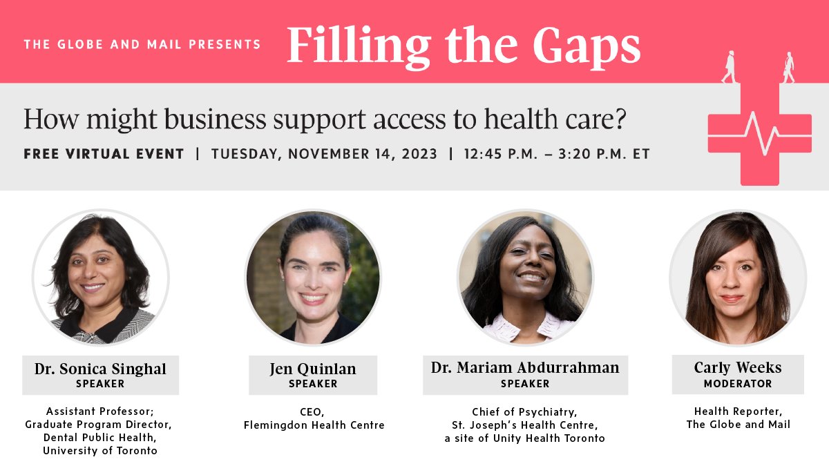 On Nov. 14, these panelists showcase how partnerships  are filling gaps in health care in areas such as women's health, dental care, mental health and access to essential medicines.

To register for this free event, visit: tgam.ca/3teGPK4

#GlobeHealthGaps