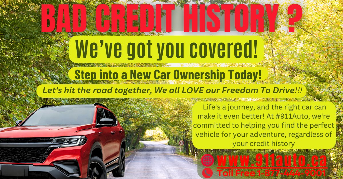 Bad credit history ? We’ve got you covered!  Life's a journey At #911Auto, we're committed to helping you find the perfect vehicle regardless of your credit history: 911auto.ca/apply-now  #FreedomToDrive #CarOwnership  #rightcar #badcredit #credithistory