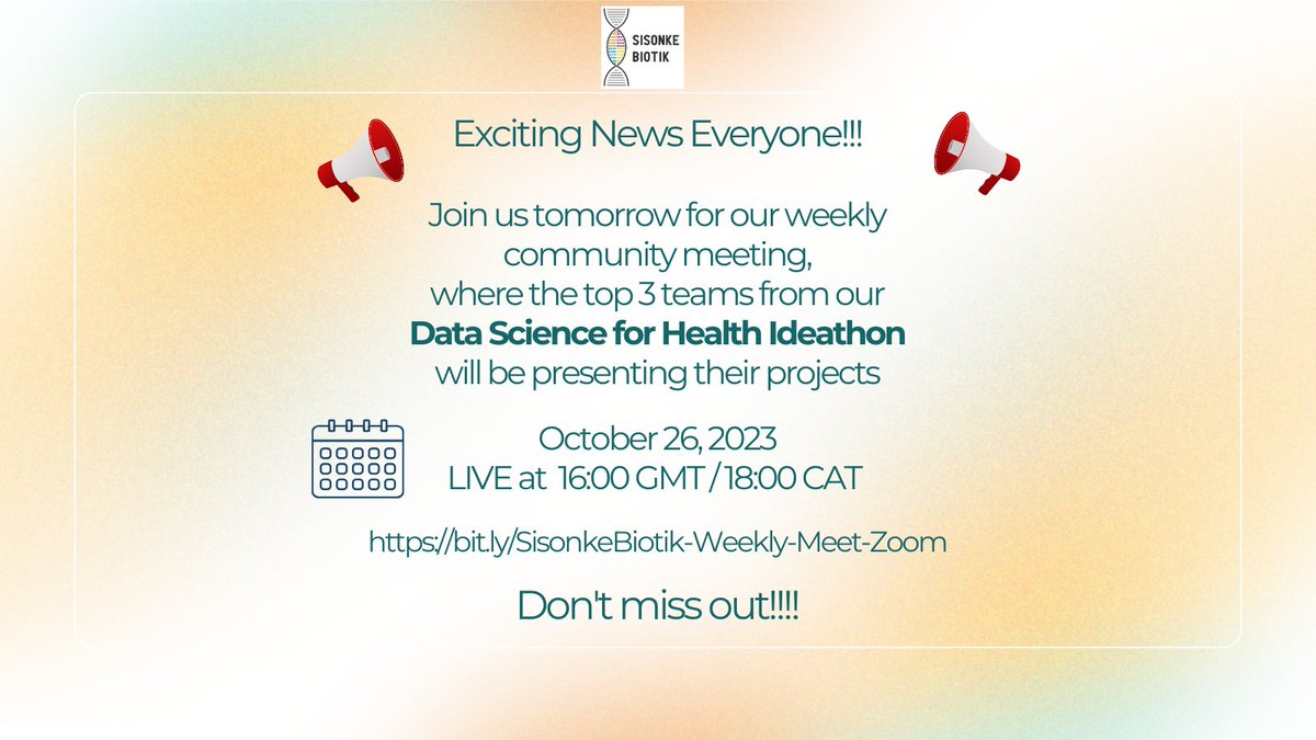 SBiotik's tweet photo. SisonkeBiotik (@SBiotik) Data Science for Health Ideathon
October 26, 2023 Live at 16:00 GMT/18:00 CAT
Zoom link: https://t.co/rhgVN4I9nS

#SisonkeBiotik #DataScience #DataScienceforHealth #Ideathon https://t.co/n78UfMt6Sk