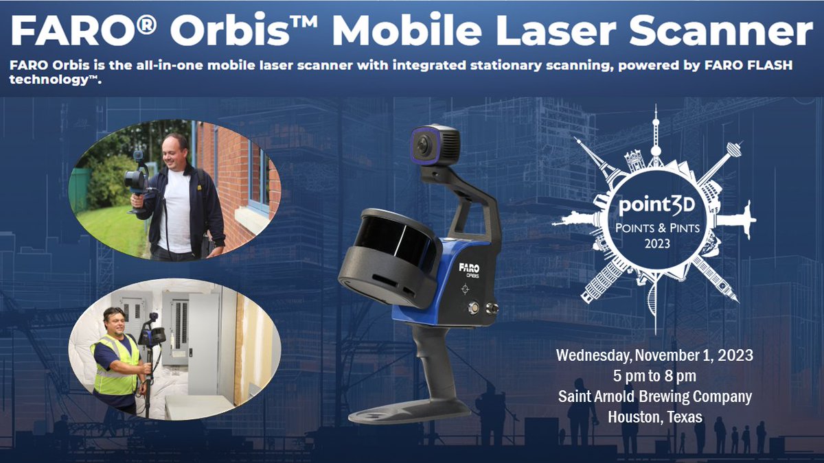 Join <a href="/point3Dxyz/">point3D</a>  for a fun networking event on Wednesday, November 1.

Enjoy a cold beer and check out the NEW Orbis Hybrid Mobile Scanner from @FARO_TechI

Open to anyone in the #AEC Industry: lnkd.in/gbCxkR4f

#point3d #geoslam #laserscanning #construction #bim #vdc
