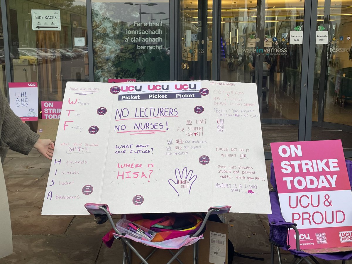 LouHyettC's tweet photo. Forced job cuts threaten the future of nursing in the Highlands and Islands. Students in solidarity on the picket line! @UHI_UCU @ucu @uhinursing #ucuRISING #thinkUHI #thinkagainUHI https://t.co/aqtnaPg8YX