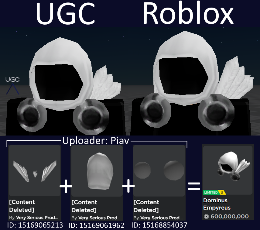 Peak” UGC on X: UGC creator Piav uploaded a 1:1 copy of the limited Dominus  Pittacium in 3 parts. #Roblox #RobloxUGC  / X