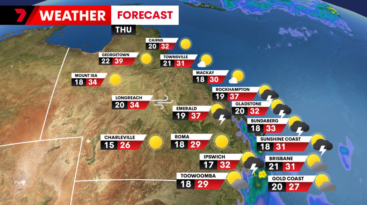 Your Thursday forecast..

Some wet weather on the way!

Afternoon storms, with the biggest cells from the Sunshine Coast up to the Capricornia. Weaker showers and storms, then some later thundery rain around Brisbane and the Gold Coast.

Extreme fire dangers in the west.