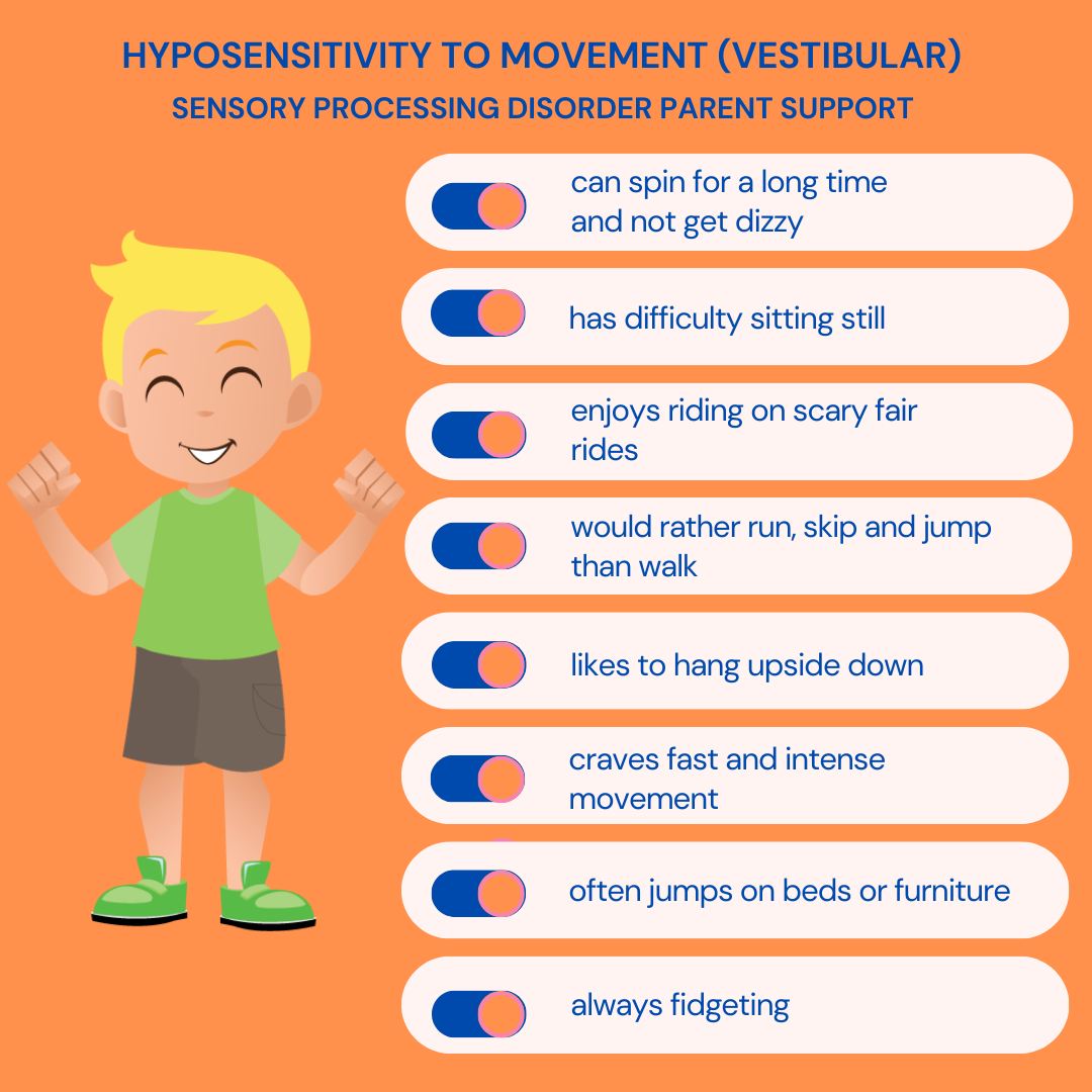 It’s National Sensory Awareness Month! 
Hyposensitivity To Movement (Vestibular) Under-Responsive
- can spin for a long time and not get dizzy
- has difficulty sitting still
- enjoys riding on scary fair rides
- would rather run, skip and jump than walk
- always in motion