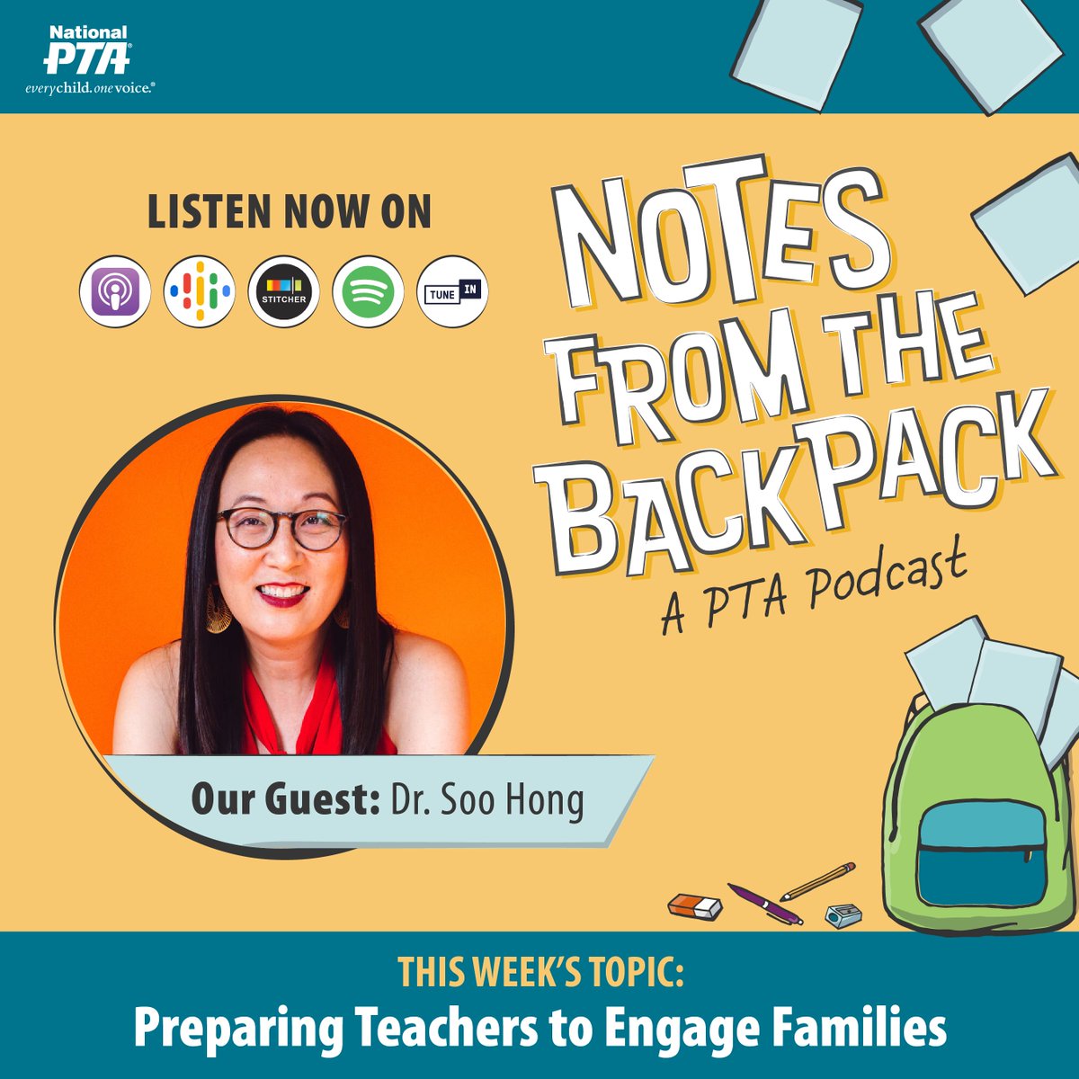 SCCPTA1's tweet image. How are educator preparation programs getting teachers ready to engage with families in meaningful ways? @NationalPTA dives into this topic with Professor Soo Hong in the latest episode of #BackpackNotes! Listen at PTA.org/PodcastEp75 or wherever you get your podcasts.
