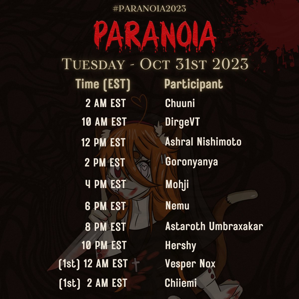 Happy Halloween!🎃 Lets end this celebration with a bang!

Here is the last batch of participants for #PARANOIA2023 👻

Our Indie Horror celebration continues into the morning of NOV 1st!🕯️