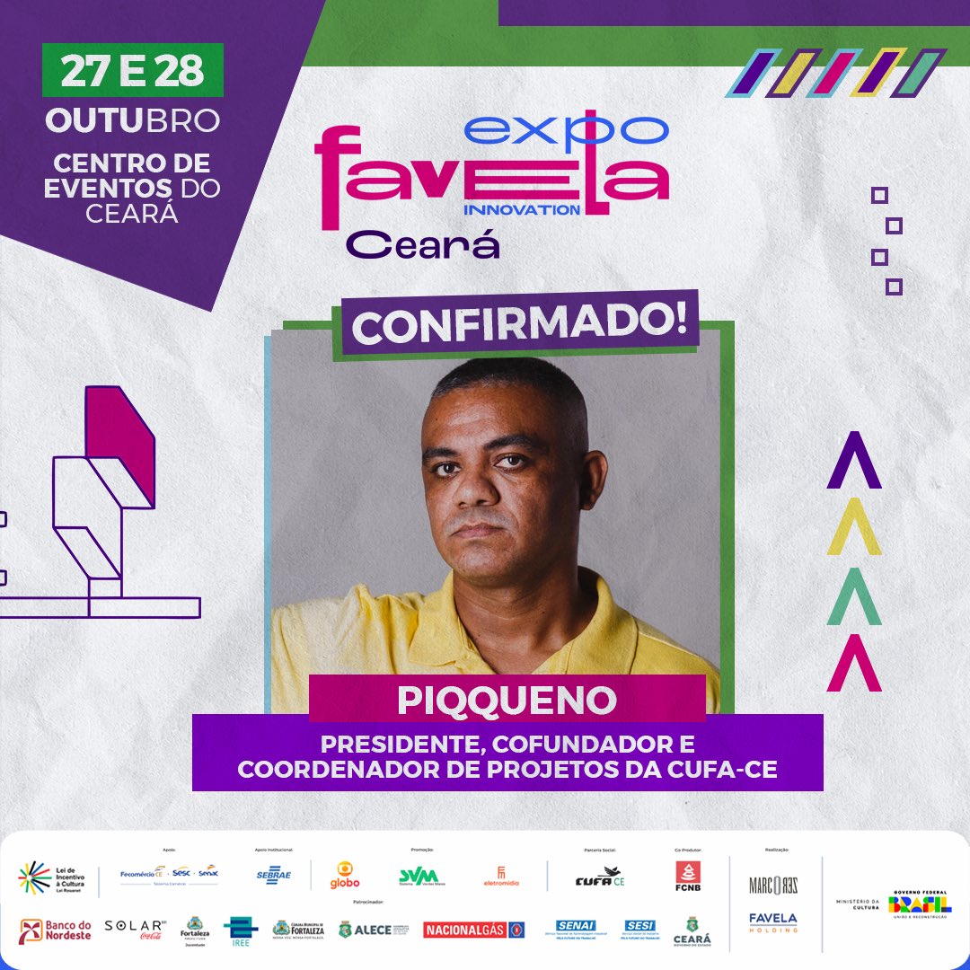expofavelaceara's tweet photo. É com muita alegria que anunciamos Piqqueno na Expo Favela Innovation Ceará 2023.

Piqqueno é o atual Presidente da Cufa-Ceará. Morador do barroso II, filho de mãe solo, começou na vida social através do movimento estudantil a convite do seu irmão. https://t.co/Z4JSnvVKgx