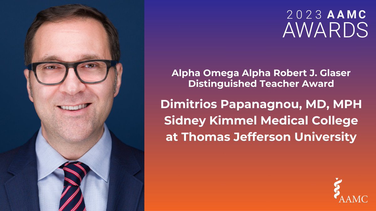 AAMC (@aamctoday) on Twitter photo As an EM physician, Dr. Dimitrios Papanagnou (<a href="/JeffersonUniv/">Thomas Jefferson University</a>) sees up close #SDOH's influence on those seeking urgent & emergent medical care. Join us in congratulating him as one of this yr's #AAMCAwards Alpha Omega Alpha Robert J. Glaser Distinguished Teacher Award recipients. As an EM physician, Dr. Dimitrios Papanagnou (<a href="/JeffersonUniv/">Thomas Jefferson University</a>) sees up close #SDOH's influence on those seeking urgent & emergent medical care. Join us in congratulating him as one of this yr's #AAMCAwards Alpha Omega Alpha Robert J. Glaser Distinguished Teacher Award recipients.