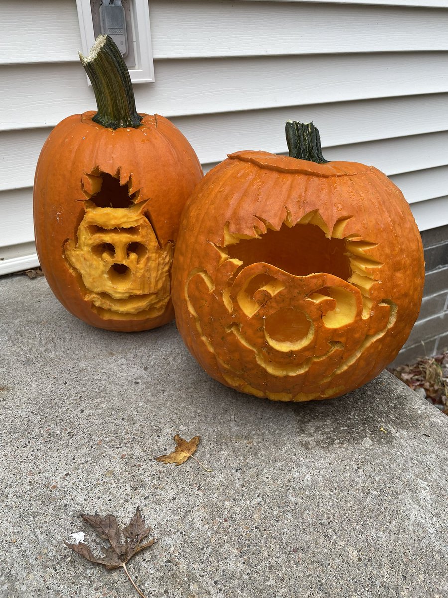 emily_d45's tweet photo. Carving pumpkins is fun until you drop one and the other caves in, but Bert and Ernie are still kinda cute https://t.co/8K7yYAh7Xn
