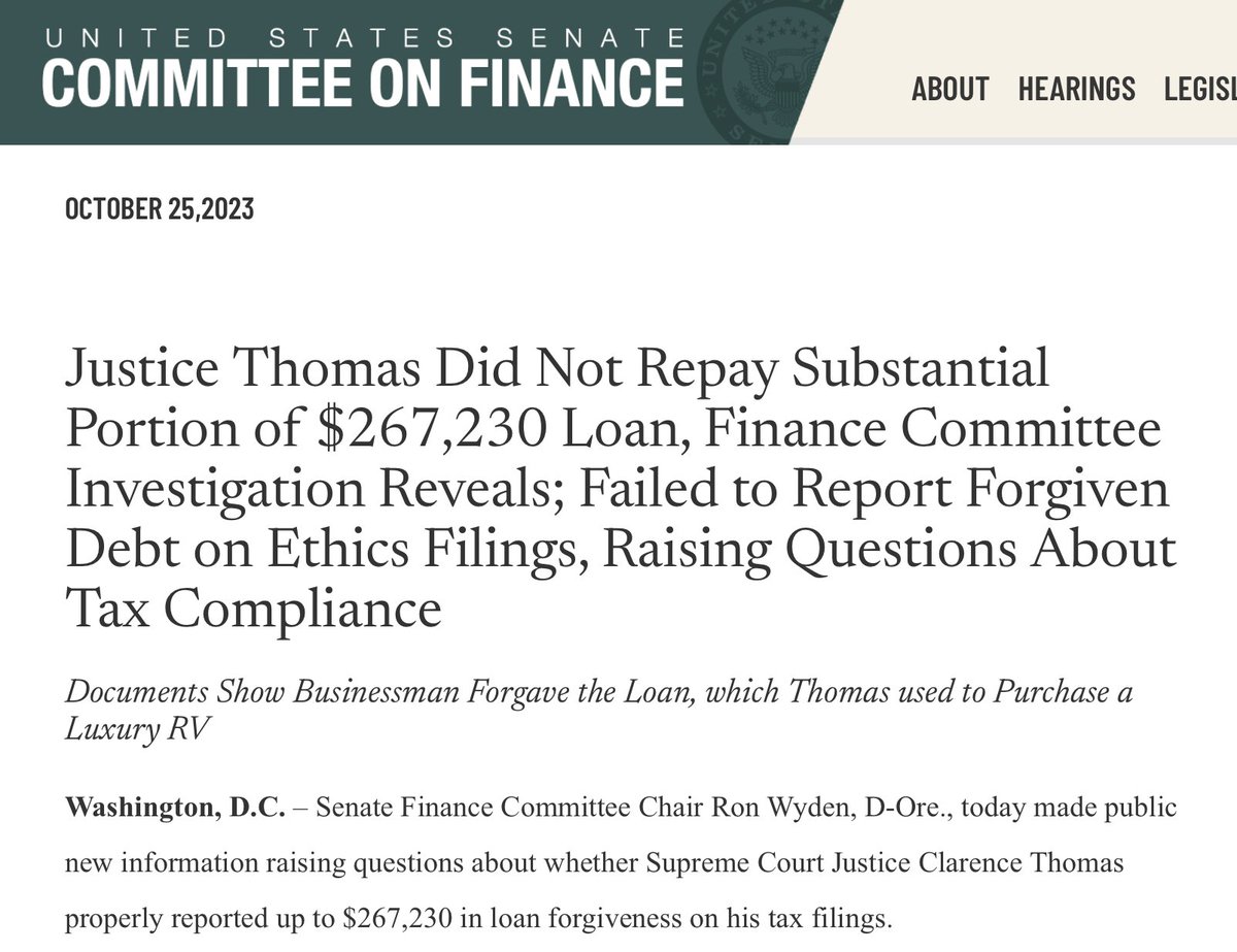 For all those with outstanding student loans - if you owe $267,230...maybe just DON'T pay it. I'm sure you'll be forgiven. Why not? After all that's what a Supreme Court Judge did. Senate found that Justice Clarence Thomas took out a loan for $267,230 & never had to repay it.