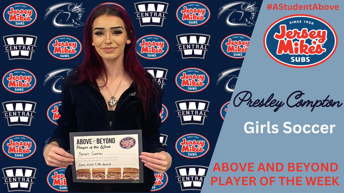 Congratulations to <a href="/WCLadyDragons1/">WCHS Lady Dragons Soccer</a>'s Presley Compton on being named WCHS's Jersey Mike's Above and Beyond Female Athlete of the Week! Presley was recently named 1st Team All-Region by the KHSSCA as well as being selected for the All-District team. #AStudentAbove