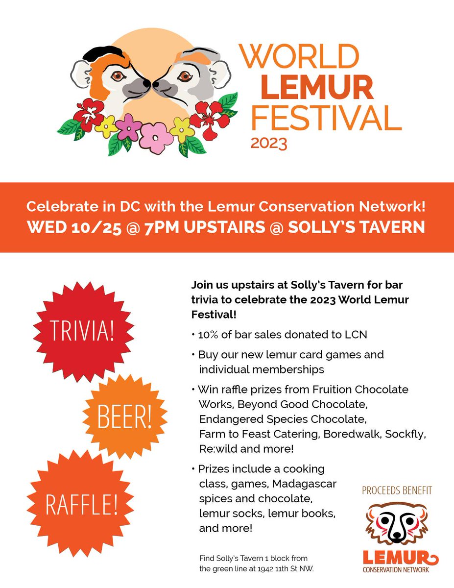 We are looking forward to seeing everyone in Washington #DC tonight to celebrate the #WorldLemurFestival! 

Our sponsors really stepped up — we have so many amazing raffle prizes! THERE. WILL. BE. A. LOT. OF. CHOCOLATE. 

Doors @ 7pm | #Trivia @ 8pm | See you there, upstairs!