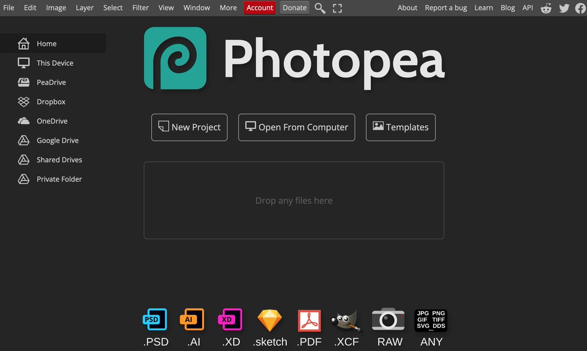 8. Photopea

Editor de imágenes avanzado.

Editor online gratuito que soporta los formatos PSD, XCF, Sketch, XD y CDR

🔗 photopea.com