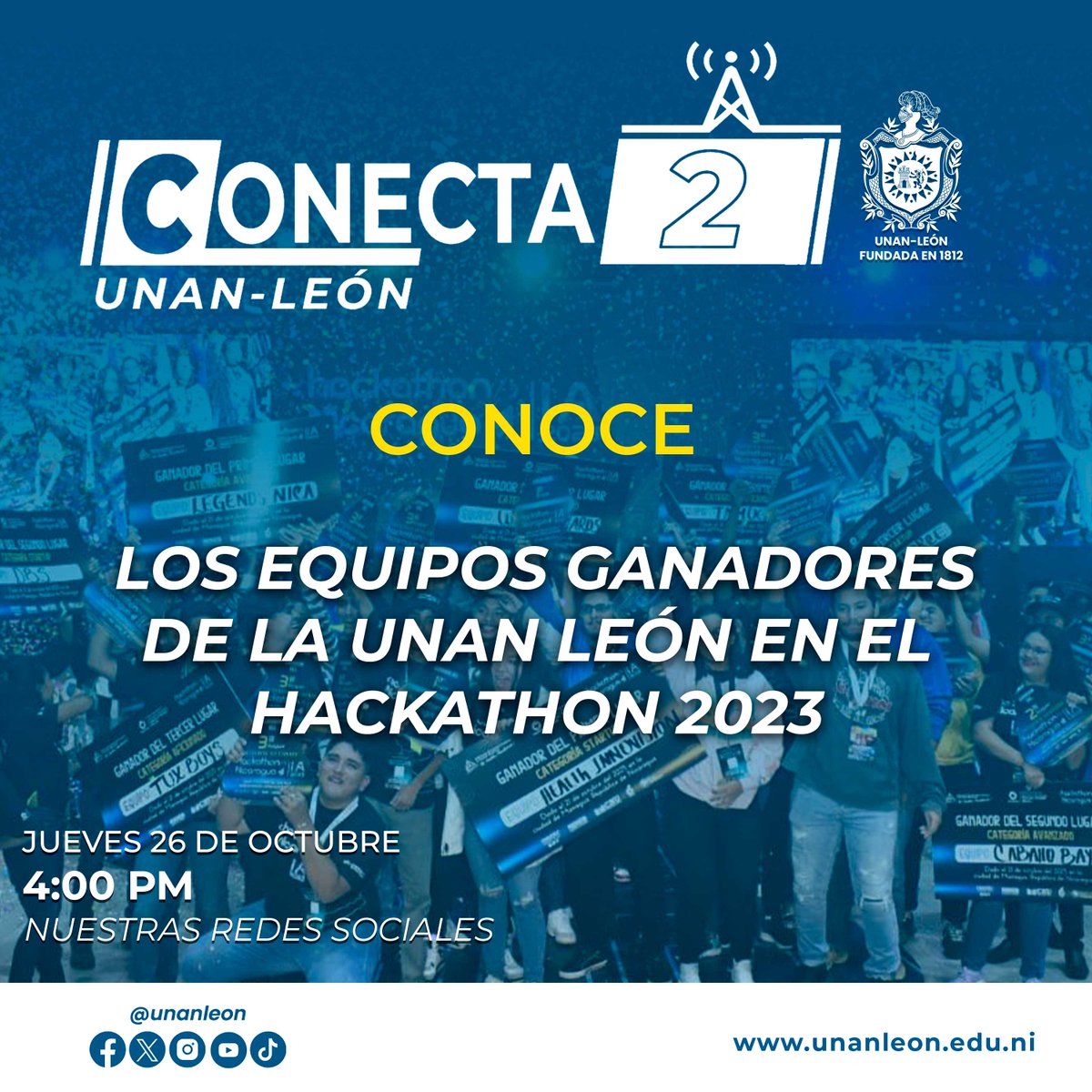 Estimados miembros de la comunidad universitaria de la UNAN León y pueblo en general, los invitamos a estar pendiente de la emisión especial del programa Conecta2, donde conoceremos a los dos equipos ganadores de esta alma máter en el Hackathon Nicaragua 2023.