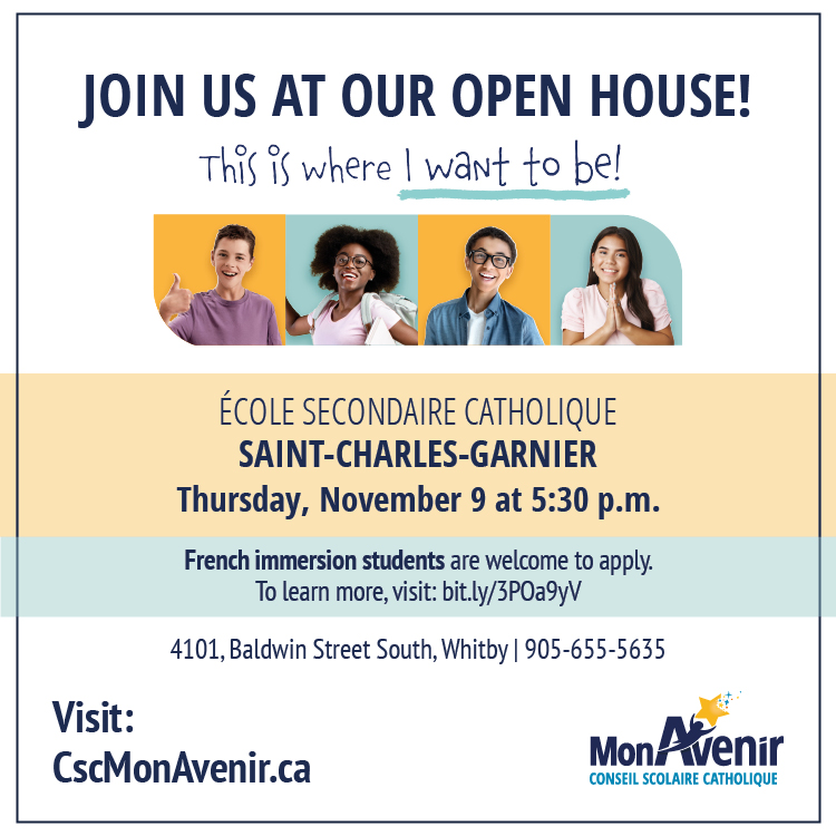 *Invitation pour les parents d’élèves de 6e année*
L'École secondaire catholique Saint-Charles-Garnier organise une soirée portes ouvertes pour ses futurs élèves jeudi 9 novembre de 17 h 30 à 18 h 30.
En savoir plus : cscmonavenir.ca/portes-ouverte…