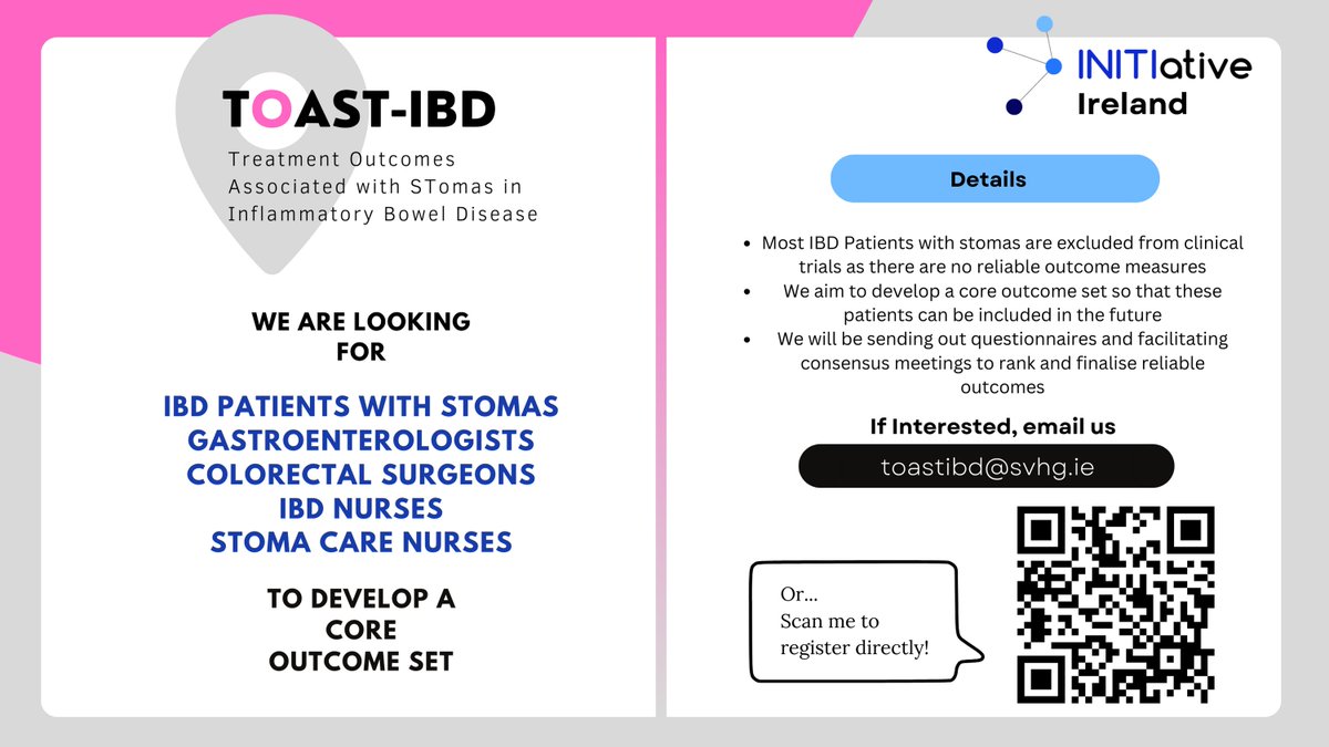 TOAST IBD (@toastibd) on Twitter photo Every opinion counts! We’re developing a Core Outcome Set for IBD Patients with Stomas so they can be included in future clinical trials! Are you interested in participating in our Delphi Consensus? Reach out by contacting toastibd@svhg.ie or by scanning the QR code below! Every opinion counts! We’re developing a Core Outcome Set for IBD Patients with Stomas so they can be included in future clinical trials! Are you interested in participating in our Delphi Consensus? Reach out by contacting toastibd@svhg.ie or by scanning the QR code below!