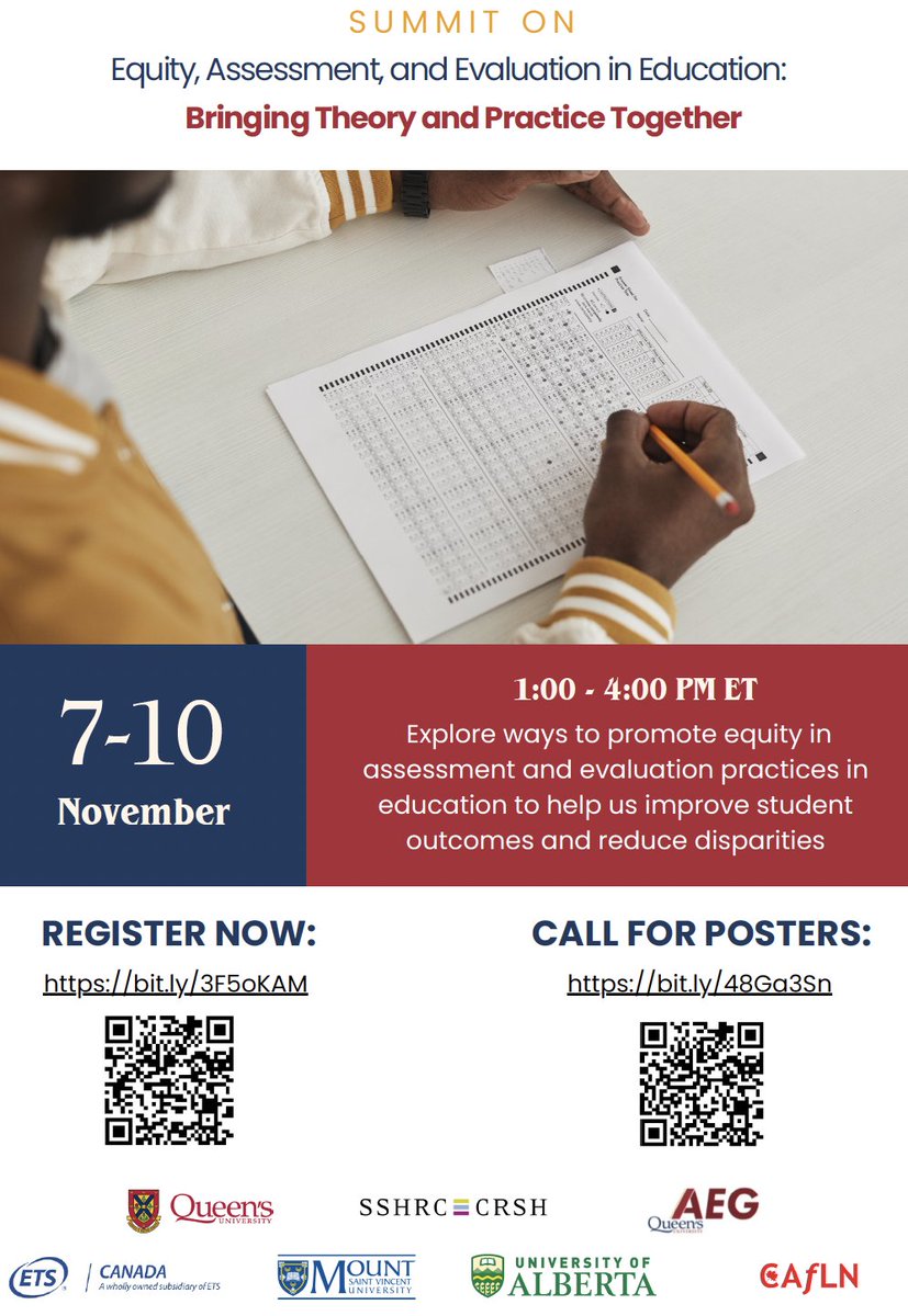 ONLINE SUMMIT on Equity, Assessment, & Evaluation in Education. NOV 7-10. All are welcome. REGISTER: bit.ly/3F5oKAM @AegQueens @CAFLNetwork @QueensEduc @AERA_CA_SIG