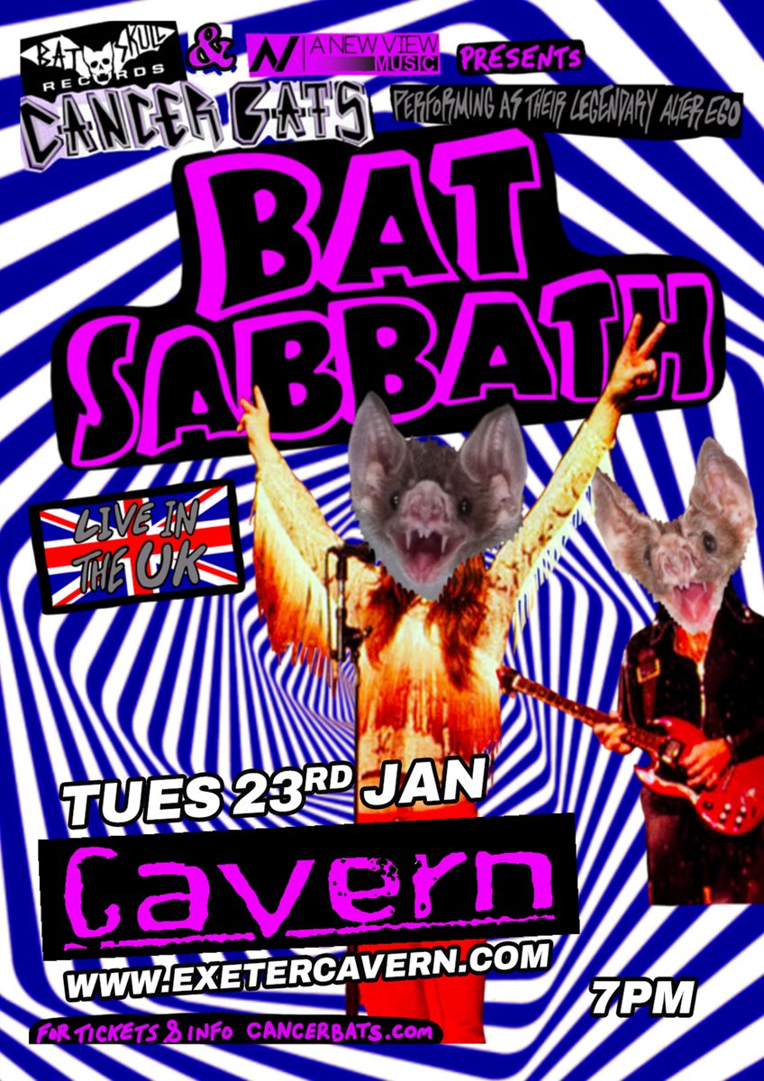 ExeterCavern's tweet image. Canadian hardcore punk band Cancer Bats are playing at The Cavern on tue 23 Jan as "Bat Sabbath" an alter ego whose sole purpose is to dutifully cover Sabbath songs! Tickets available on Friday from exetercavern.com