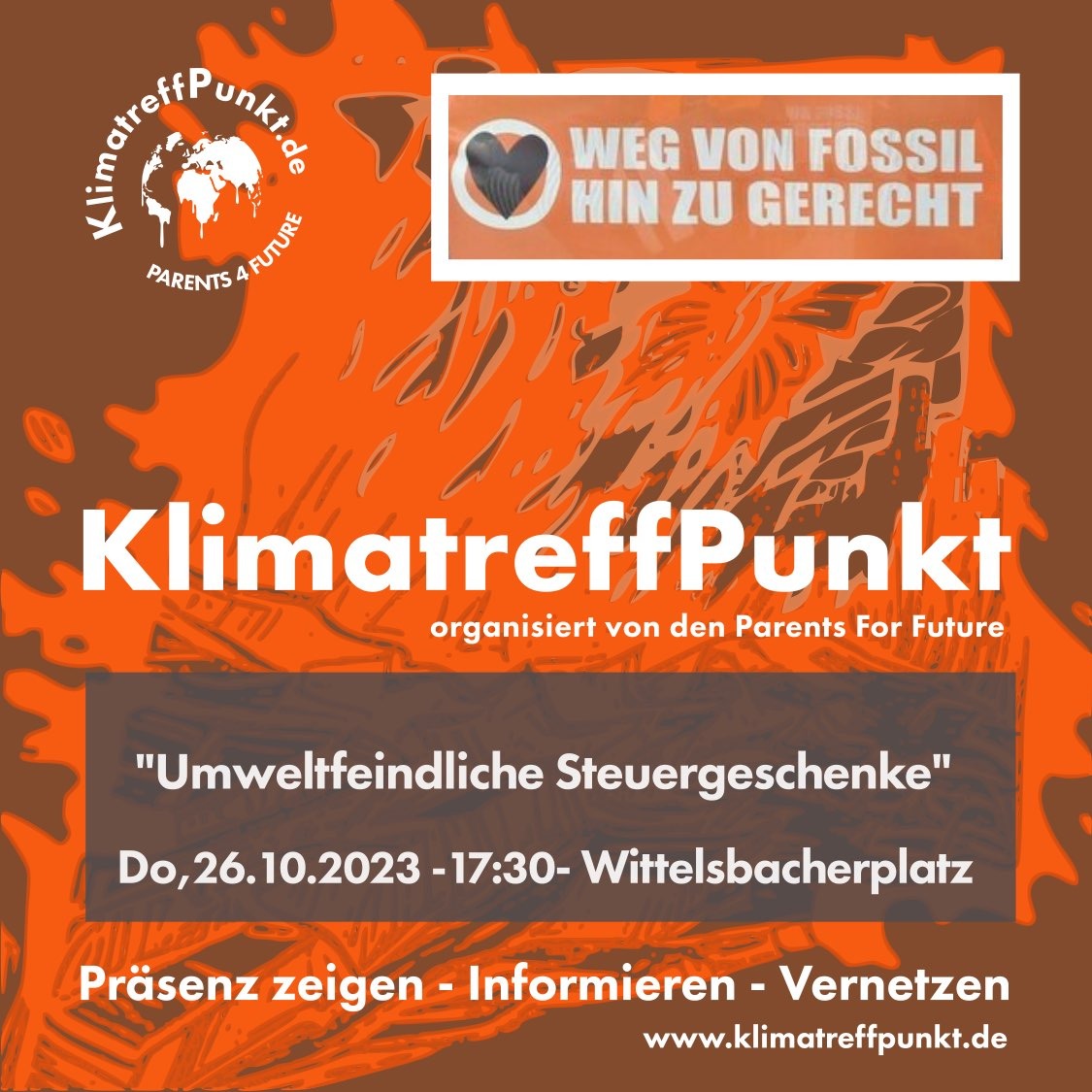 #KlimatreffPunkt
Donnerstag 26.10.23 von 17:30 - 19:00
Wittelsbacherplatz, München

Umweltfeindliche Steuergeschenke
Wir bringen Fakten und Folgen unserer verheerenden Klimapolitik. 
Quellen s. Homepage
#parentsforfuturemünchen #rausaufdiestraße #TomorrowIsTooLate #ClimateCrisis