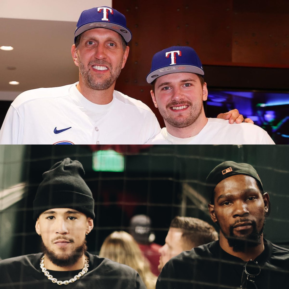 Which team are you on for the #WorldSeries ? 👀 Rangers: Dirk Nowitzki and Luka Dončić D-backs: Devin Booker and Kevin Durant