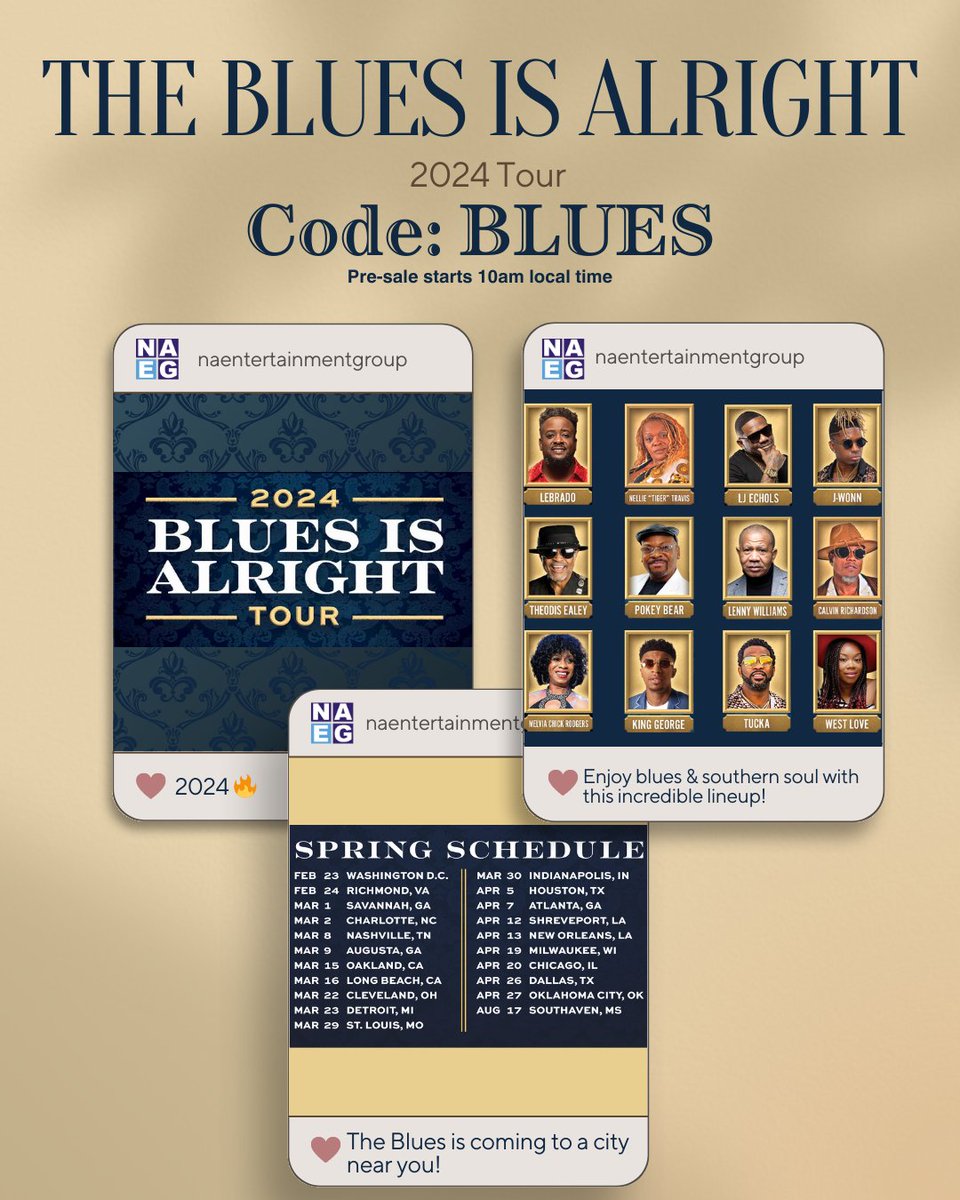 naegpresents's tweet photo. Let the blues take over and soothe your soul. 2024 Blues is Alright Tour Ticket Pre-Sale is live at 10am local time

Code: BLUES
🎷🎺🎙️🎻🪕

#bluesmusic #blues #bluesrock #livemusic #naeg bluesguitar #southernblues  #naturalboogie #vmp #classicvinyl #kinggeorge https://t.co/tAs8MX3PTb