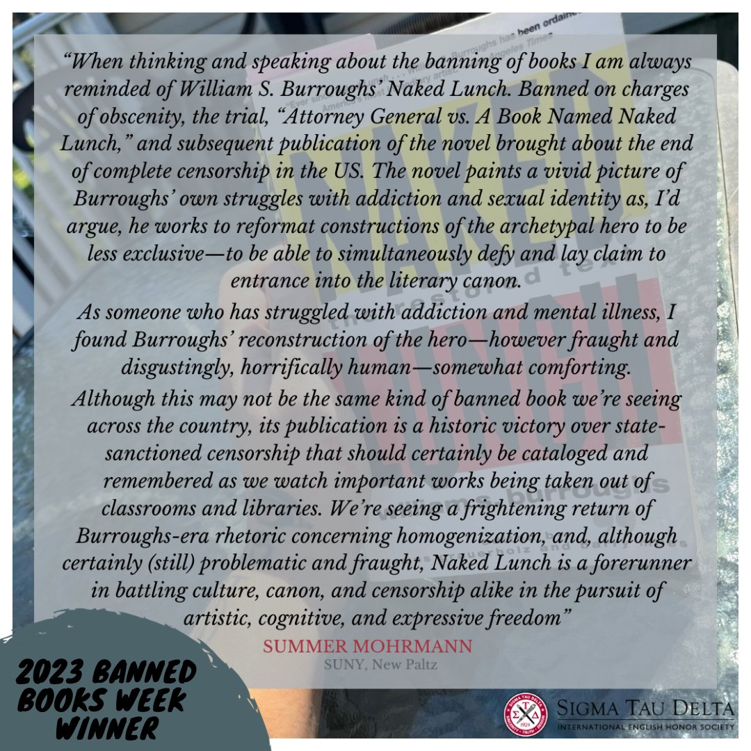 Summer Mohrmann
 2023 Banned Books Week Contest Winner
 SUNY, New Paltz, Alum

#EnglishHonor #BannedBooksWeek #BookBans #BannedBooks #WeNeedDiverseBooks #censorship #IntellectualFreedom #ChallengedBooks #FreedomToRead #LetFreedomRead