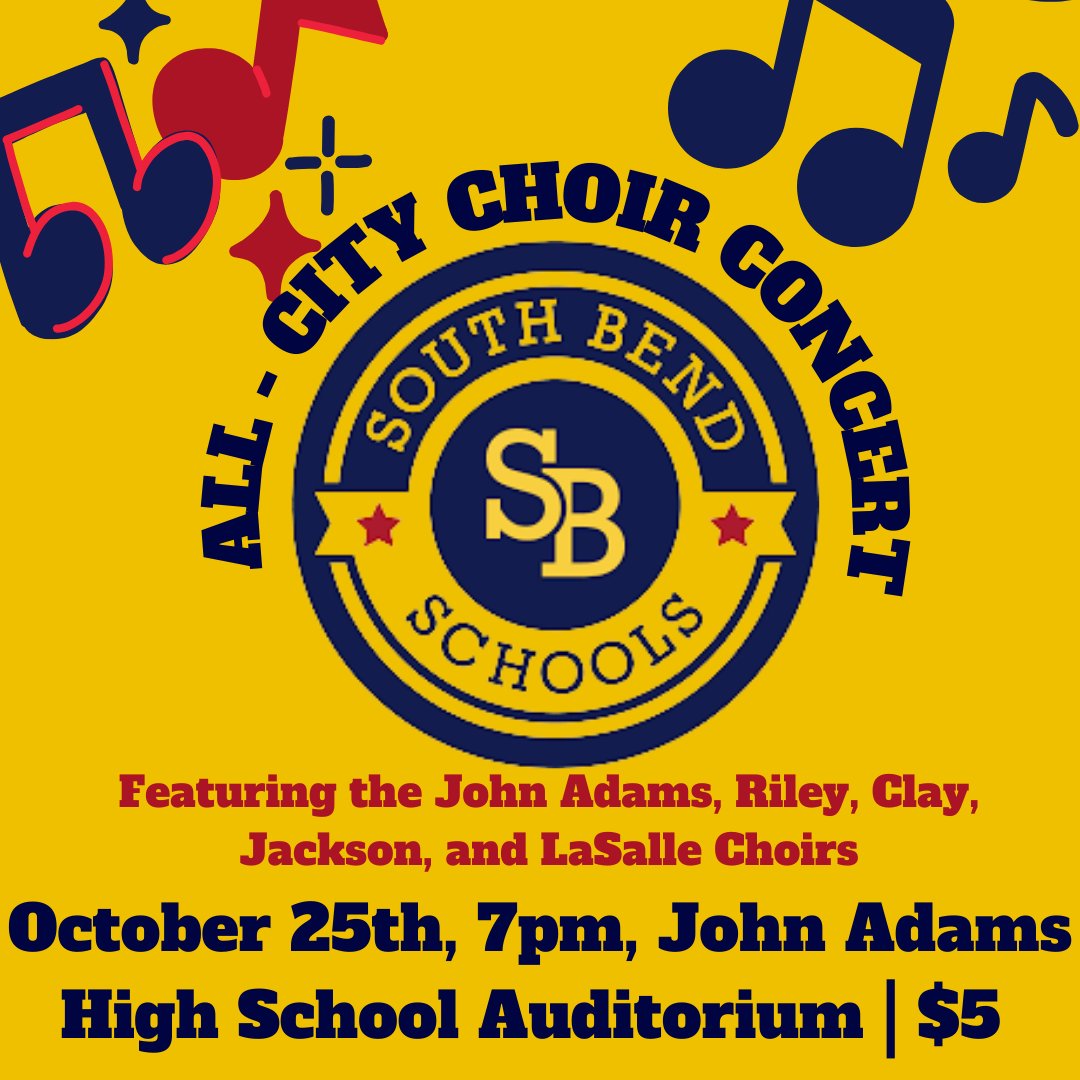 📣 TONIGHT: Join us for a one-night only spectacular choral performance featuring talented singers from Adams, Riley, Clay, Jackson, and LaSalle schools! 🎶 🗓️ October 25 🕖 7 p.m. 🏫 Adams High School Auditorium Tickets are only $5 at the door.