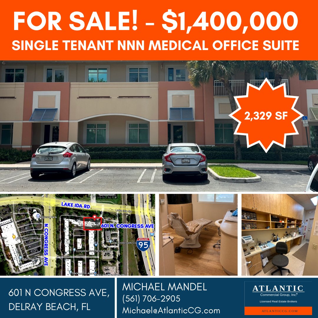 FOR SALE!
- 2,329 square foot suite ⠀
-The condo produces a net income of $75,821.16 with a cap rate of 5.41% at list price of $1,400,000.⠀

#fallrealestate #fall2023 #commercialrealestatelife #palmbeachcountyflorida