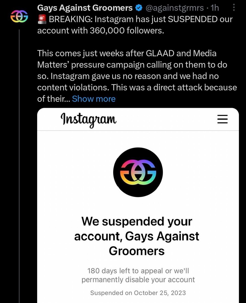 ModerateOc's tweet photo. Gays Against Groomers, an evil HATE GROUP, that supports @maribarke @CalPolicyCenter @WilliamsOCBE @SonjaShaw2022 and Madison Miner has been suspended from Instagram.

They have also been banned from TikTok because they are a HATE GROUP. 

#OUSDRecall https://t.co/QTN8Ldfeig