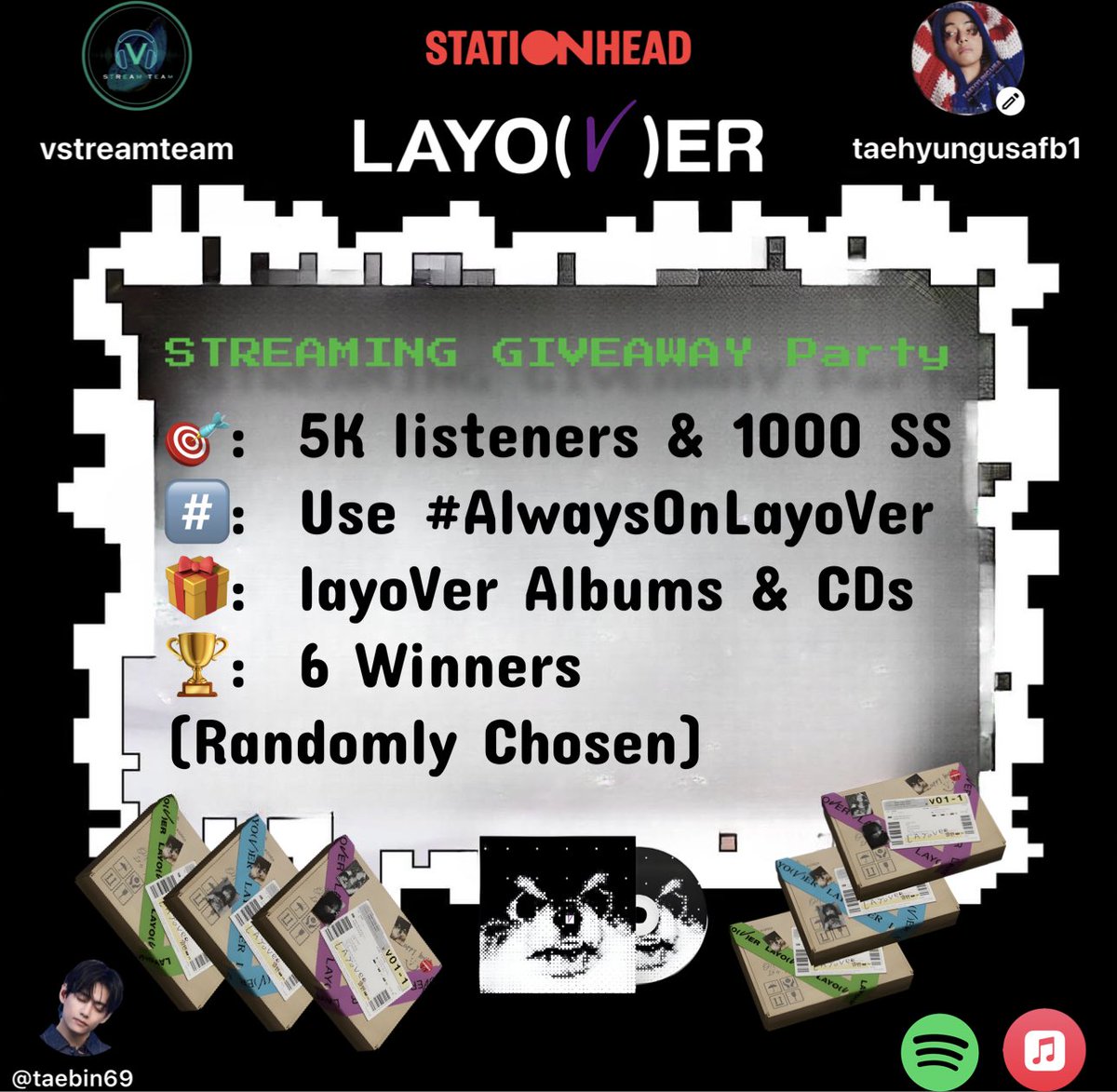 TaehyungUSA's tweet photo. 🚨On air NOW! 𝗝𝗼𝗶𝗻 𝘂𝘀 on STATIONHEAD for StreamingGiveaway Party! 
🔥𝗚𝗼𝗮𝗹𝘀: 5K listeners &amp; 1000 STREAMING screenshots. 
#️⃣ 𝗨𝘀𝗲 #AlwaysOnLayover
🎁 𝟲 𝗹𝘂𝗰𝗸𝘆 𝗪𝗶𝗻𝗻𝗲𝗿𝘀 to win Layoꪜer Albums &amp; CDs.
📦Shipping covered!
🔗 https://t.co/2YknwJMkOX https://t.co/fHKas0UtCz