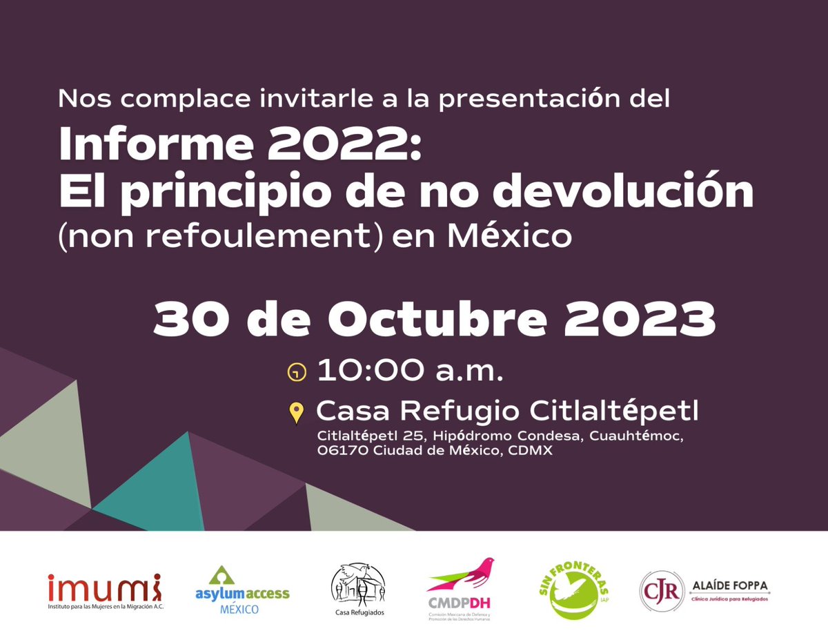 #ApartaLaFecha #NoDevolución 
⚠️El próximo 30 de octubre a las 10:00 horas presentaremos un documento que evidencia las malas prácticas en la transgresión del principio de no devolución de personas solicitantes de asilo en México.