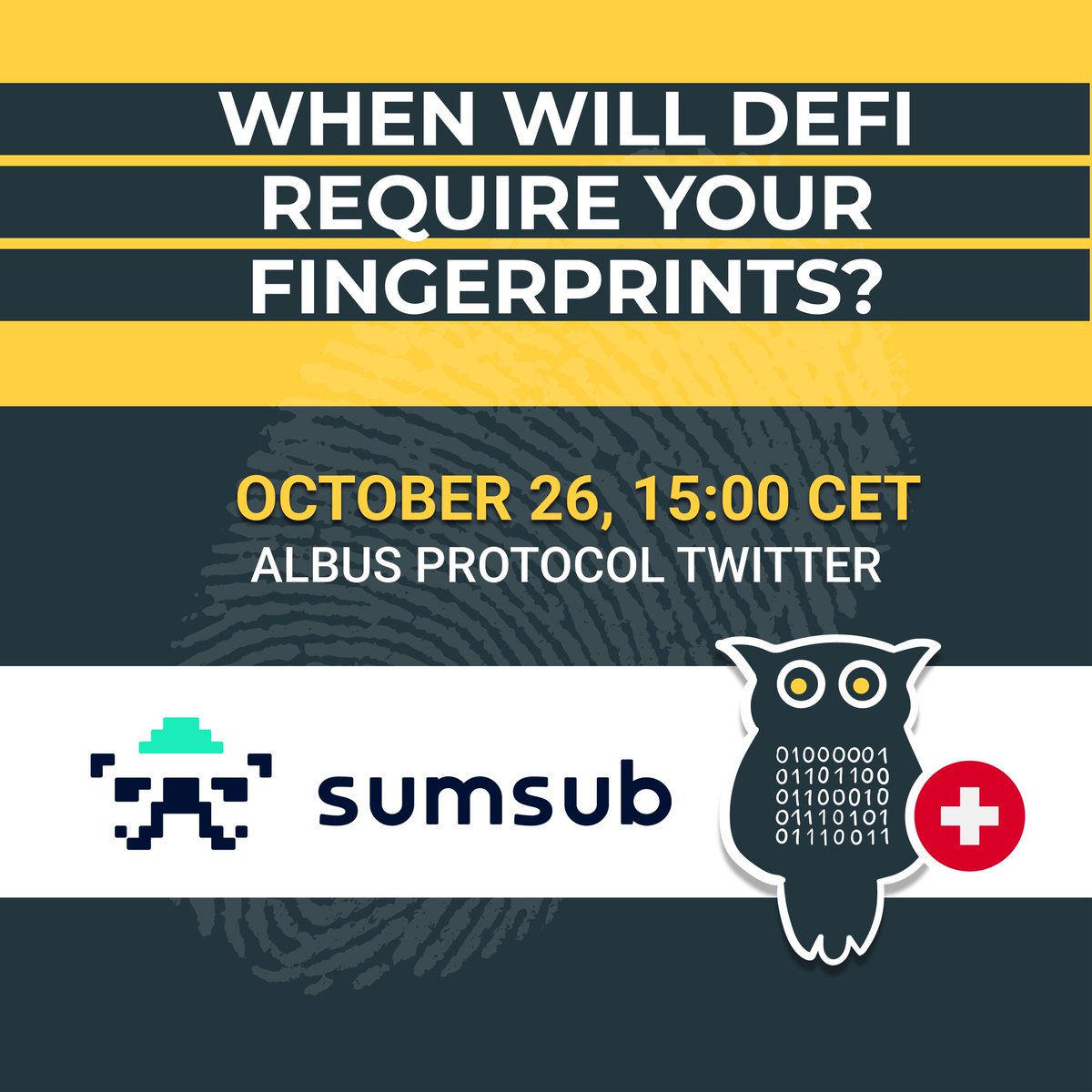 AlbusProtocol's tweet photo. We will host a Twitter Space "When will Defi require your fingerprints?". Tony Petrov (Chief Legal Officer at Sumsub) and Sonny Wolfson (CBDO at Albus) will discuss the future of KYC requirements in crypto and what's going on in that area.
October 26, 15:00 CET
See you there! https://t.co/pS3tyHADwF