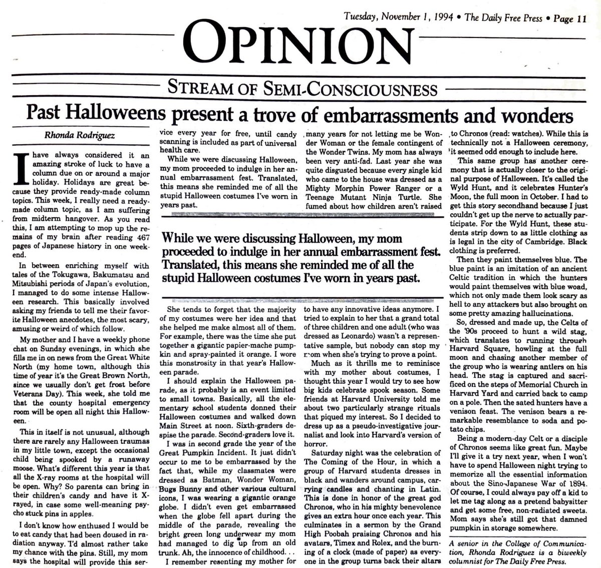 DFParchives's tweet image. Twas the day after Halloween of 1994, the Freep published an article by columnist Rhonda Rodriguez, reflecting on the embarrassment of past costumes.

Do you have any shameful ensembles from years prior?🎃👻🍂