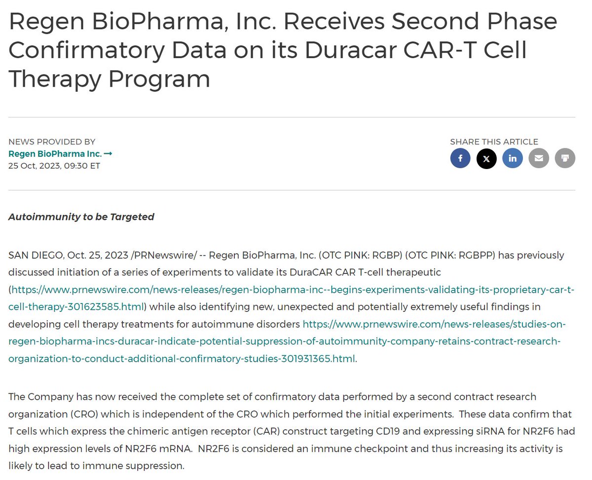 CrusaderStocks's tweet photo. Stock Symbol $RGBP @TheRegenBio News: Regen BioPharma, Inc. Receives Second Phase Confirmatory Data on its Duracar CAR-T Cell Therapy Program #mRNA #autoimmunity #FDA #pfizer $PFE #NEWS 
https://t.co/NGx2sBVLnx $TLRY $OGI $LFLY  $ACB $MAPS $IIPR $VRNOF https://t.co/20a1F2sD85
