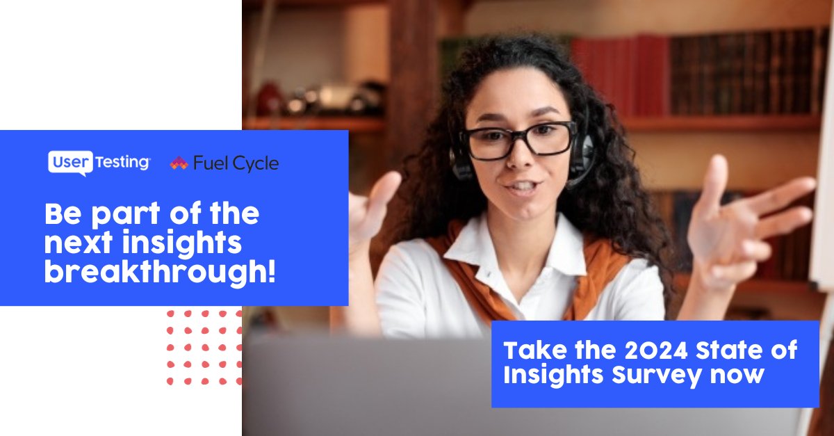 UserTesting (@usertesting) on Twitter photo Ready to make your voice heard in the world of #MarketResearch? 🎙
Share your insights in the 2024 State of Market Research survey from our partners at <a href="/fuelcycleinc/">fuelcycleinc</a>! 📊🌟
surveys.fuelcycle.com/s3/state-of-in… Ready to make your voice heard in the world of #MarketResearch? 🎙
Share your insights in the 2024 State of Market Research survey from our partners at <a href="/fuelcycleinc/">fuelcycleinc</a>! 📊🌟
surveys.fuelcycle.com/s3/state-of-in…