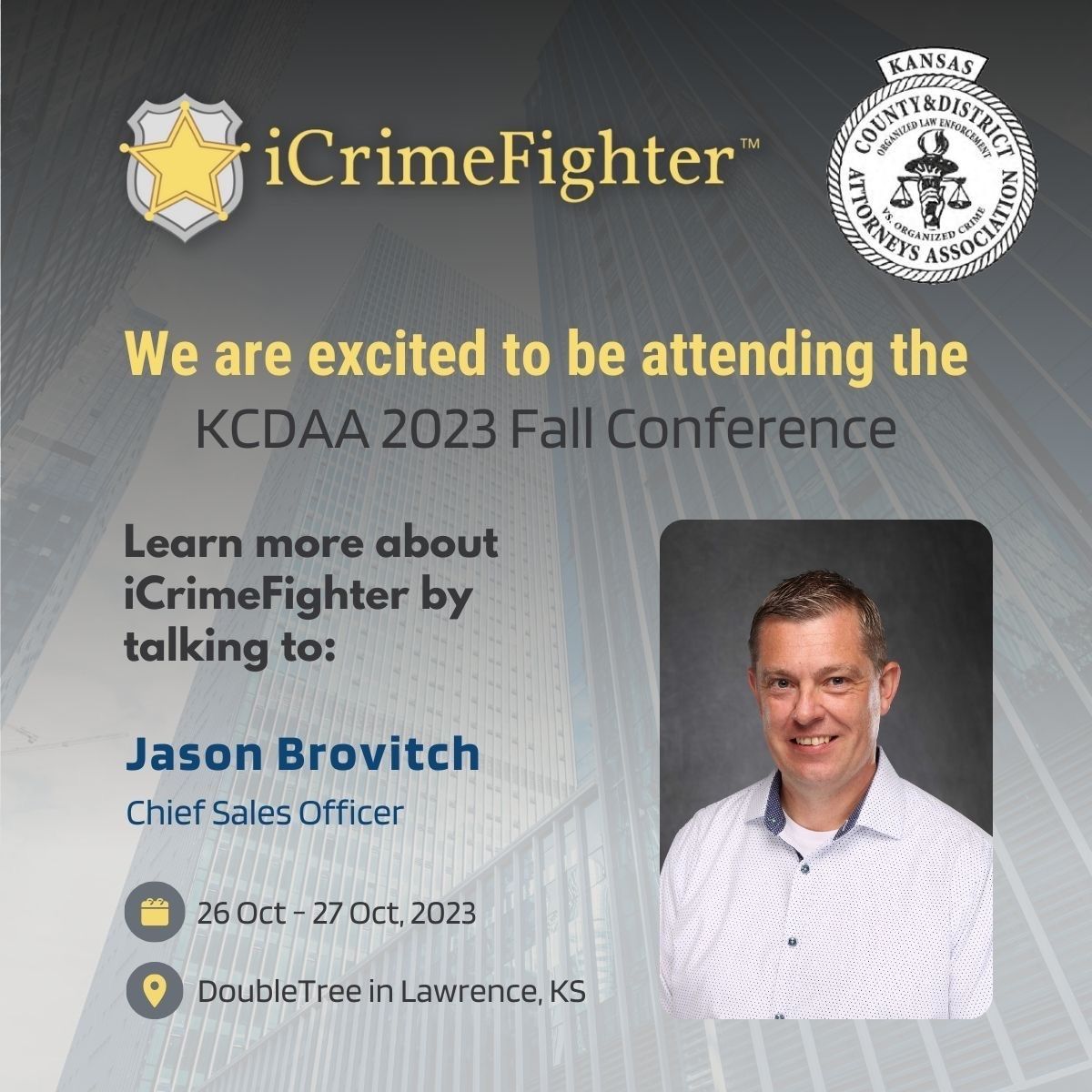 icrimefighter's tweet photo. Are you attending the Kansas County &amp; District Attorneys Association Conference? If so, don't miss the chance to visit the iCrimefighter booth and connect with our expert, Jason Brovitch! 👨‍⚖️🕵️‍♂️
See you at the KCDA Conference, and be sure to swing by the iCrimefighter booth! 👮‍♂️ https://t.co/oMTFfrpevH