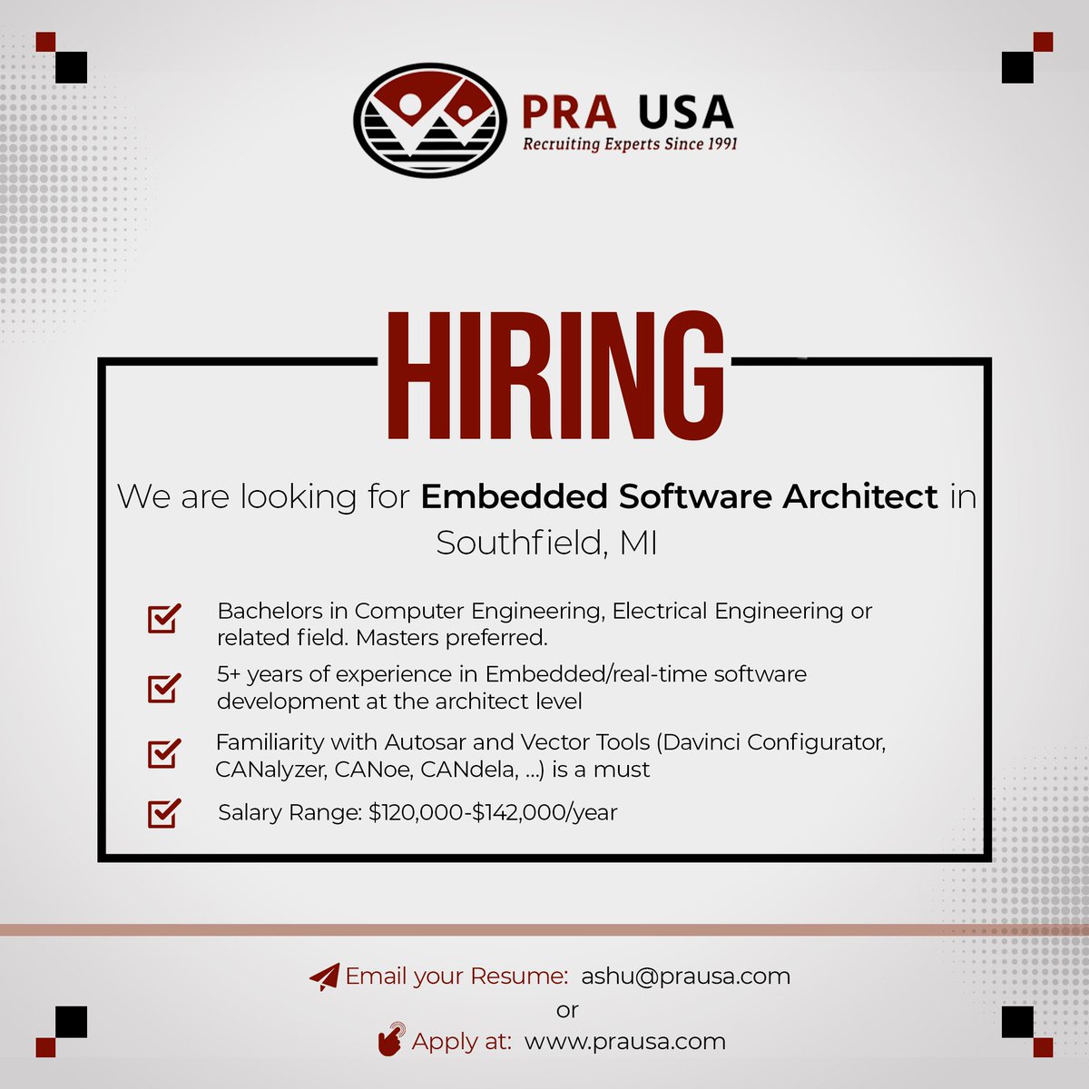 THEPRAGROUP's tweet image. We&apos;re #activelylooking for 𝗘𝗺𝗯𝗲𝗱𝗱𝗲𝗱 𝗦𝗼𝗳𝘁𝘄𝗮𝗿𝗲 𝗔𝗿𝗰𝗵𝗶𝘁𝗲𝗰𝘁 in Southfield, MI. Would you like to recommend someone? We offer a $1000 referral bonus on all successful placements.

Apply Here - bit.ly/46HC6jq

#embedded
#embeddedjob
#michiganjob
#prausa